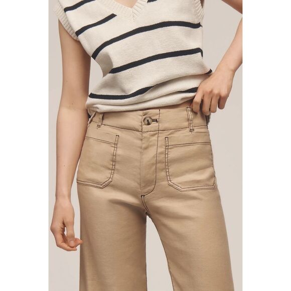 New Anthropologie The Colette Contrast-Stitch Linen Crop Wide-Leg Pants by Maeve - Picture 2 of 8